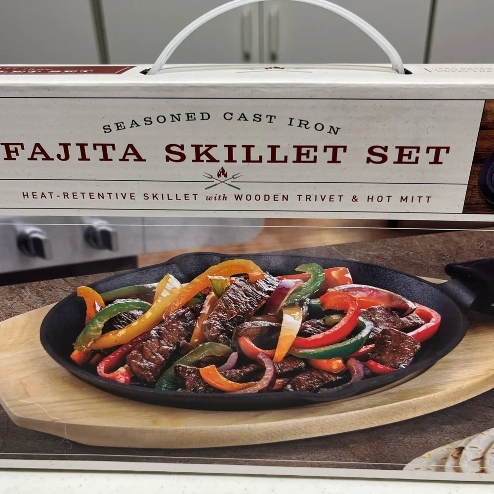 Parini Cast Iron Fajita Skillet Set Wood Trivet NWT